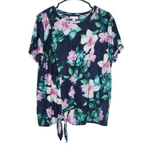 J Jill Womens L 100% Linen Floral Top Tie Up Shirt Short Sleeve Blouse